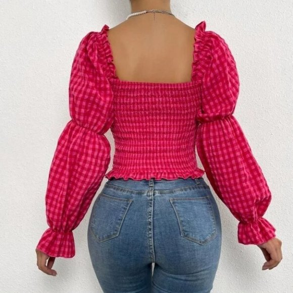 Gingham Drawstring detail Frill Trim Shirred Blouse Top Pink - Picture 3 of 6